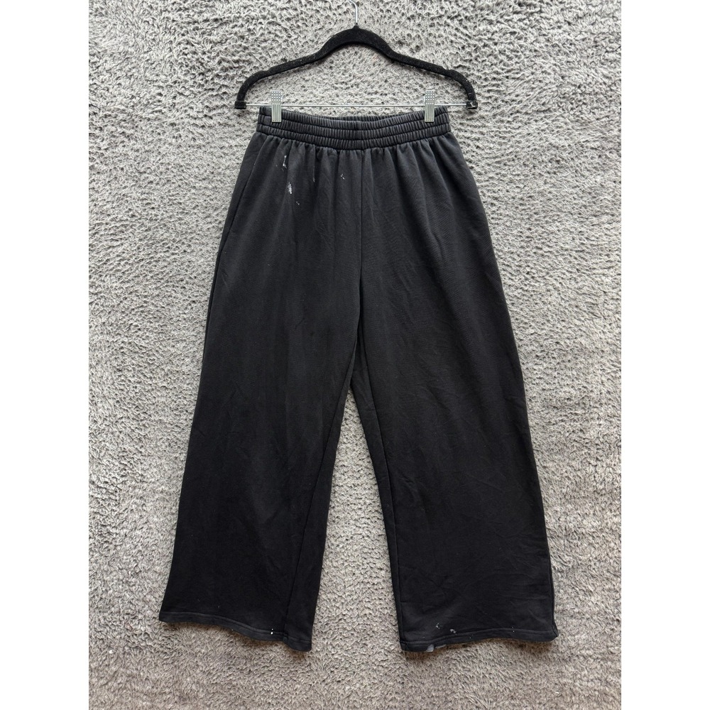 Angela Pope Wang Distress Elastic‎ Waist Wide Leg Sweatpants Black Womens Size M